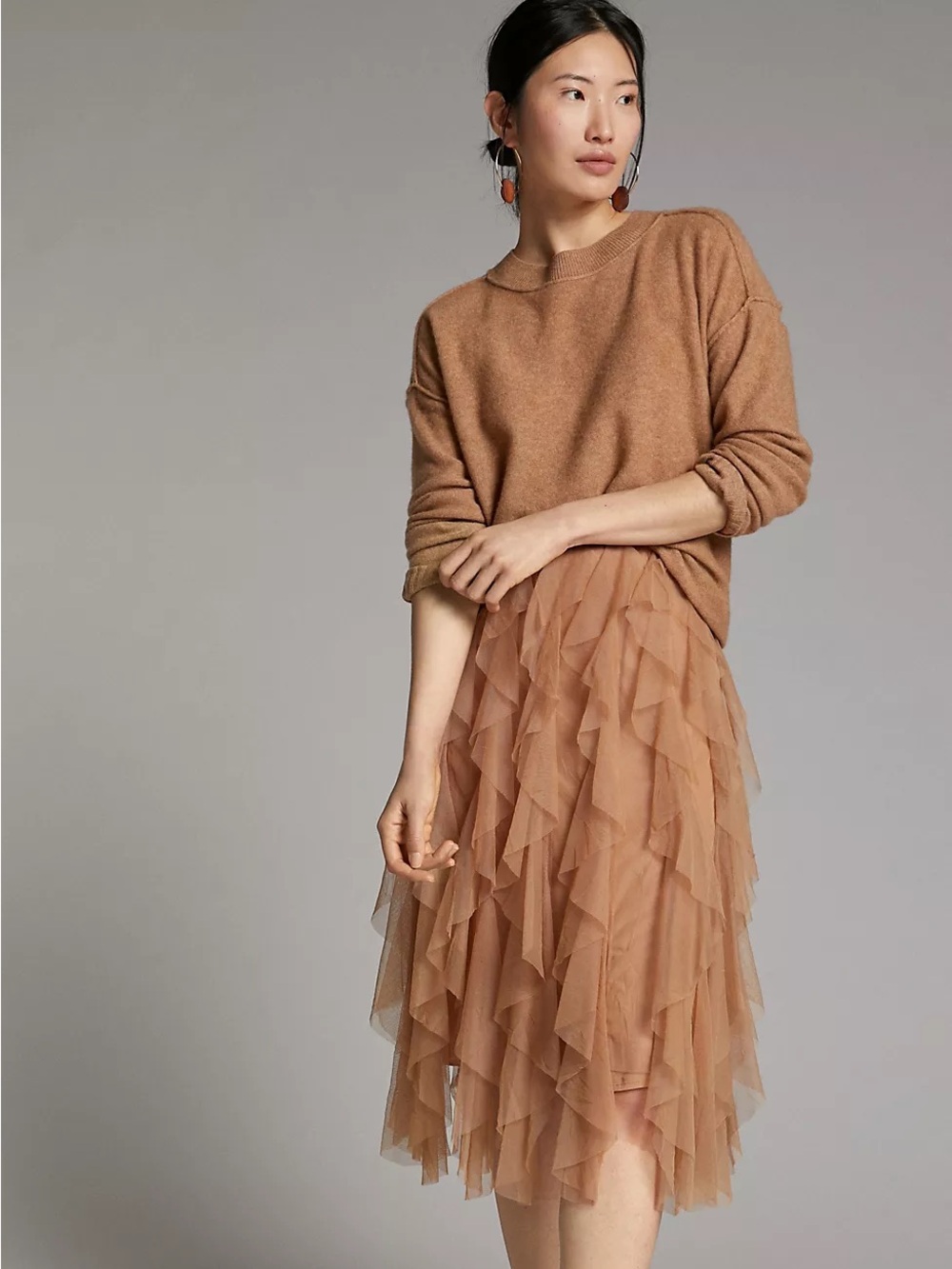 Anthropologie || Forever That Girl Ruffled Tulle‎ Midi Skirt Tan Peach US 2